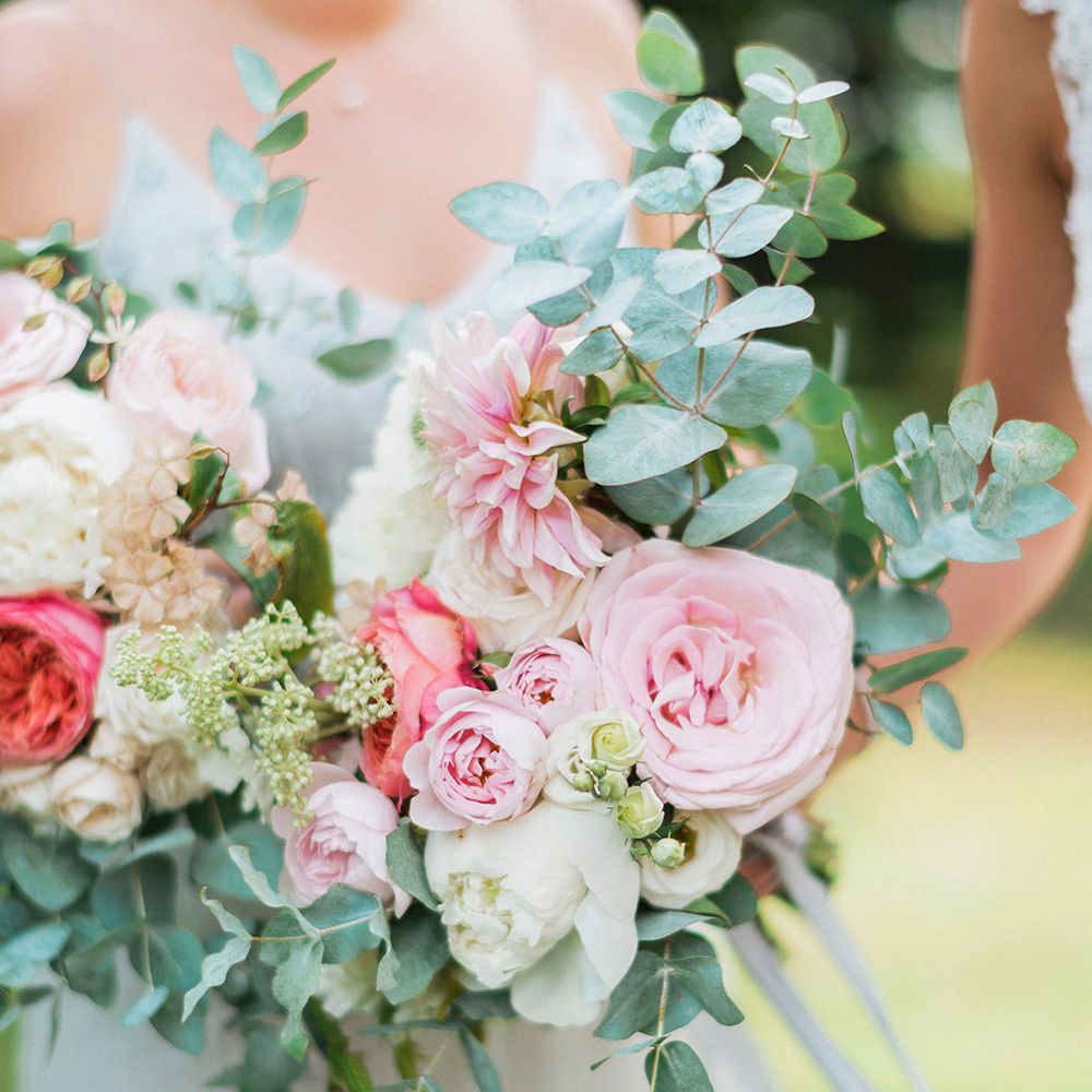 Romantic Pink, White & Coral, Rose, Dahlias & Eucalyptus Bouquet | Pink & Coral Country Wedding at Crabbs Barn, Essex | Kathryn Hopkins Photography | Film by Colbridge Media Services Ltd