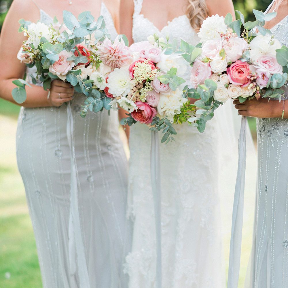 Romantic Pink & Coral Bouquets | Bride in Lace Enzoani 'Inaru' Bridal Gown | Bridesmaids in Grey Embellished ASOS Dresses | Pink & Coral Country Wedding at Crabbs Barn, Essex | Kathryn Hopkins Photography | Film by Colbridge Media Services Ltd