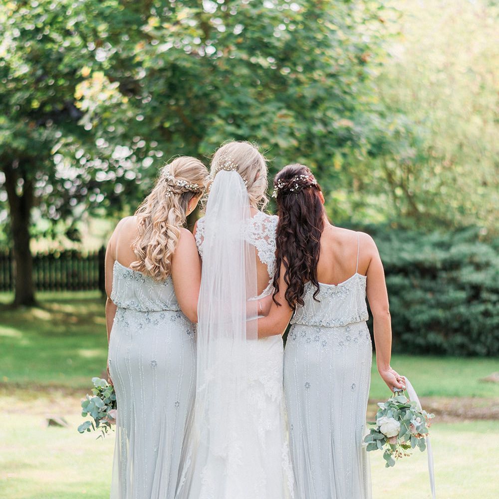 Bride in Lace Enzoani 'Inaru' Bridal Gown | Bridesmaids in Grey Embellished ASOS Dresses | Pink & Coral Country Wedding at Crabbs Barn, Essex | Kathryn Hopkins Photography | Film by Colbridge Media Services Ltd
