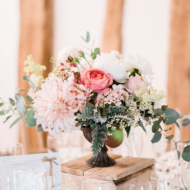 Romantic Peach & Coral Floral Centrepiece | Peach & Coral Country Wedding at Crabbs Barn, Essex | Kathryn Hopkins Photography | Film by Colbridge Media Services Ltd