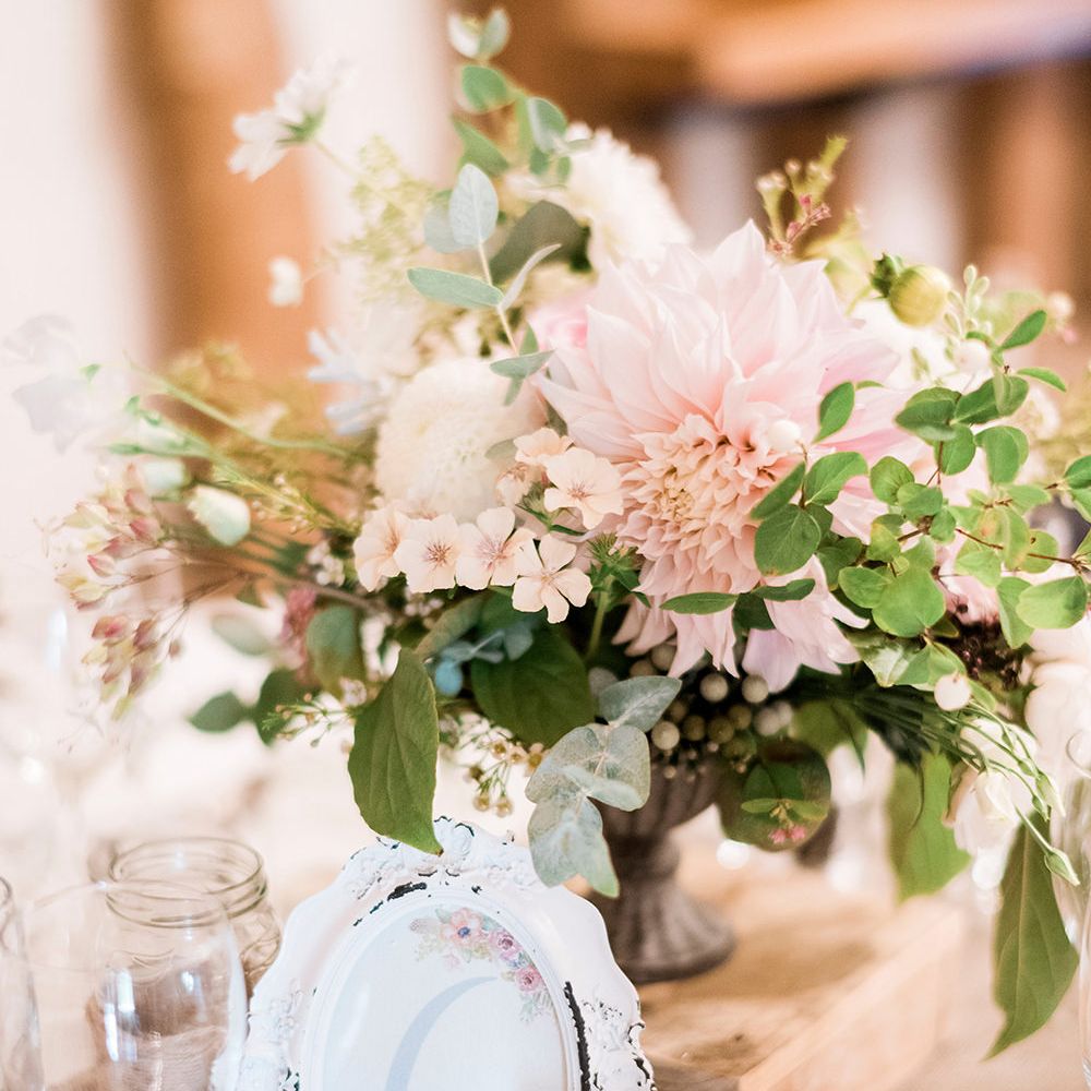 Romantic Table Centrepiece Florals & Wedding Stationery | Peach & Coral Country Wedding at Crabbs Barn, Essex | Kathryn Hopkins Photography | Film by Colbridge Media Services Ltd