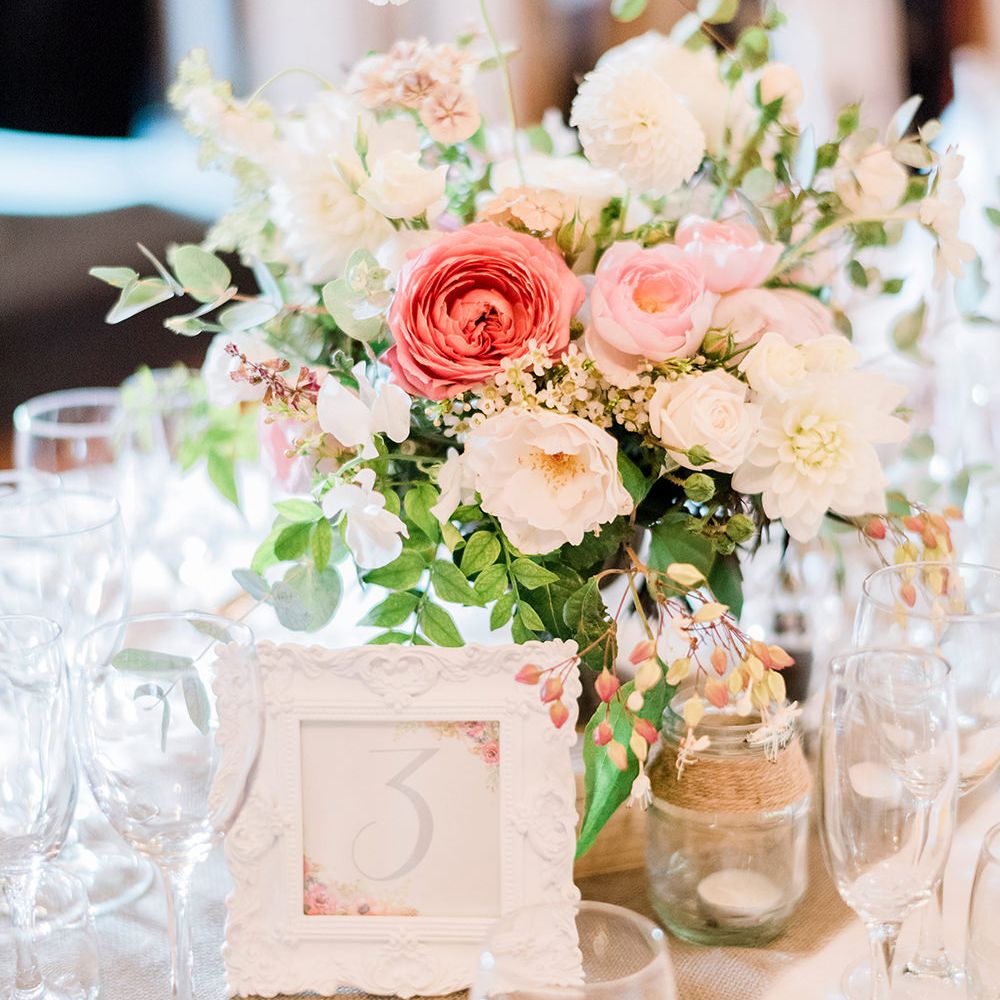 Romantic Table Centrepiece Florals & Wedding Stationery | Peach & Coral Country Wedding at Crabbs Barn, Essex | Kathryn Hopkins Photography | Film by Colbridge Media Services Ltd