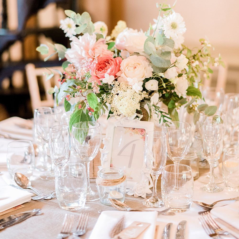 Romantic Table Centrepiece Florals & Wedding Stationery | Peach & Coral Country Wedding at Crabbs Barn, Essex | Kathryn Hopkins Photography | Film by Colbridge Media Services Ltd