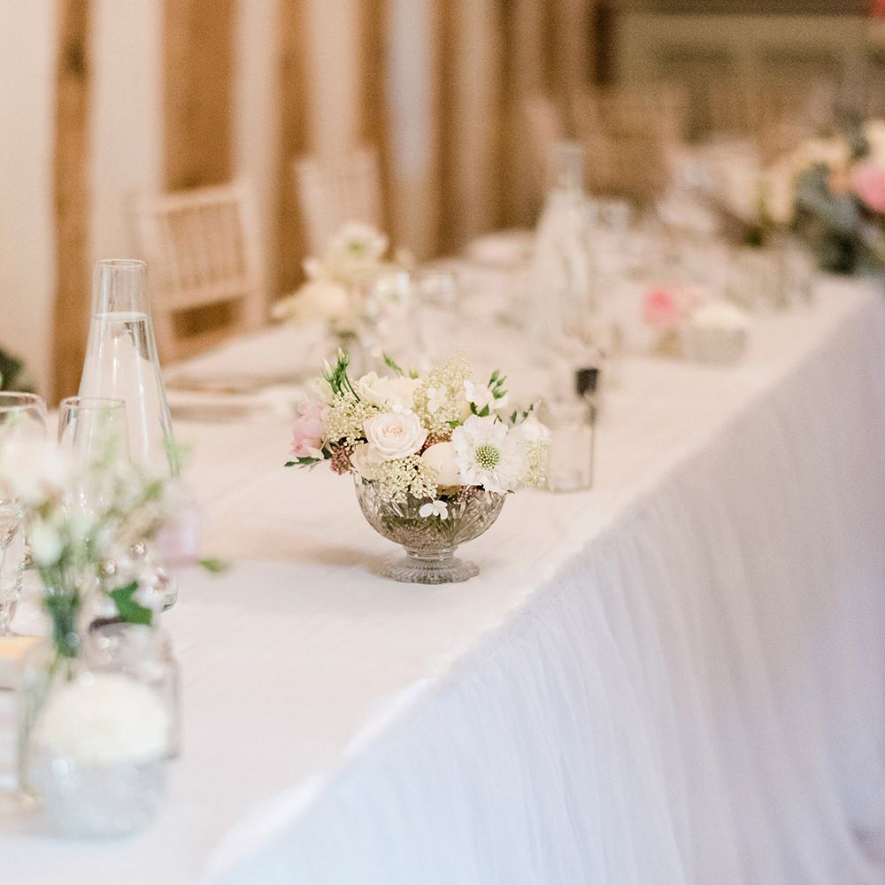 Floral Table Decor | Romantic Peach & Coral Floral Centrepiece | Peach & Coral Country Wedding at Crabbs Barn, Essex | Kathryn Hopkins Photography | Film by Colbridge Media Services Ltd