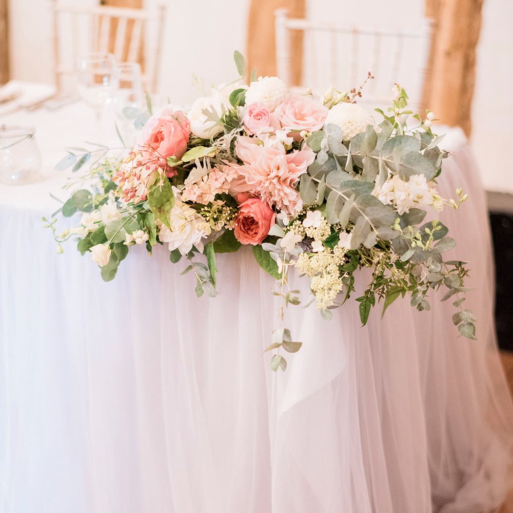 Blush Pink & Coral Wedding Flowers | Romantic Peach & Coral Floral Centrepiece | Peach & Coral Country Wedding at Crabbs Barn, Essex | Kathryn Hopkins Photography | Film by Colbridge Media Services Ltd
