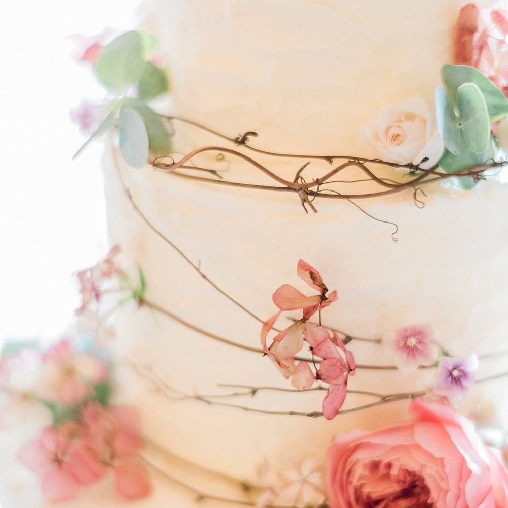 Wedding Cake with Coral Decor | Romantic Peach & Coral Floral Centrepiece | Peach & Coral Country Wedding at Crabbs Barn, Essex | Kathryn Hopkins Photography | Film by Colbridge Media Services Ltd