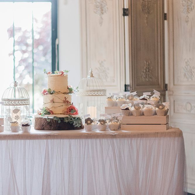 Wedding Cake Station | Romantic Peach & Coral Floral Centrepiece | Peach & Coral Country Wedding at Crabbs Barn, Essex | Kathryn Hopkins Photography | Film by Colbridge Media Services Ltd
