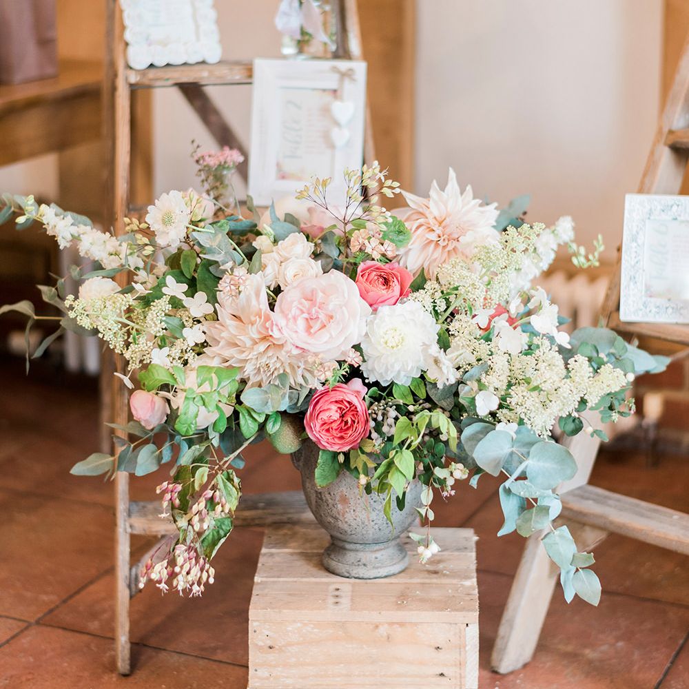 Vintage Step Ladder, Wooden Crate & Blush Floral Arrangement Wedding Decor | Romantic Peach & Coral Floral Centrepiece | Peach & Coral Country Wedding at Crabbs Barn, Essex | Kathryn Hopkins Photography | Film by Colbridge Media Services Ltd