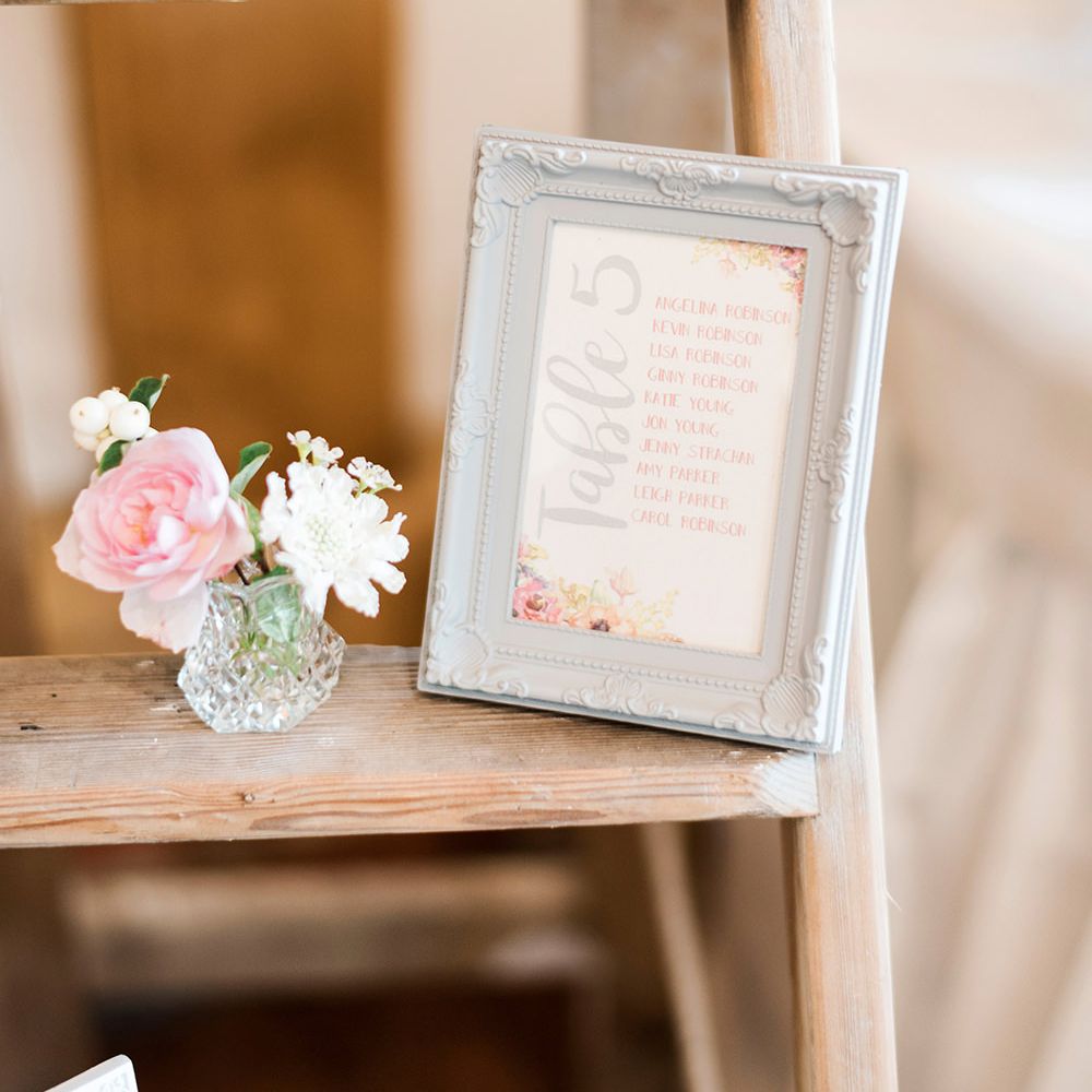 Vintage Step Ladder Table Plan with Romantic Wedding Stationery | Peach & Coral Country Wedding at Crabbs Barn, Essex | Kathryn Hopkins Photography | Film by Colbridge Media Services Ltd