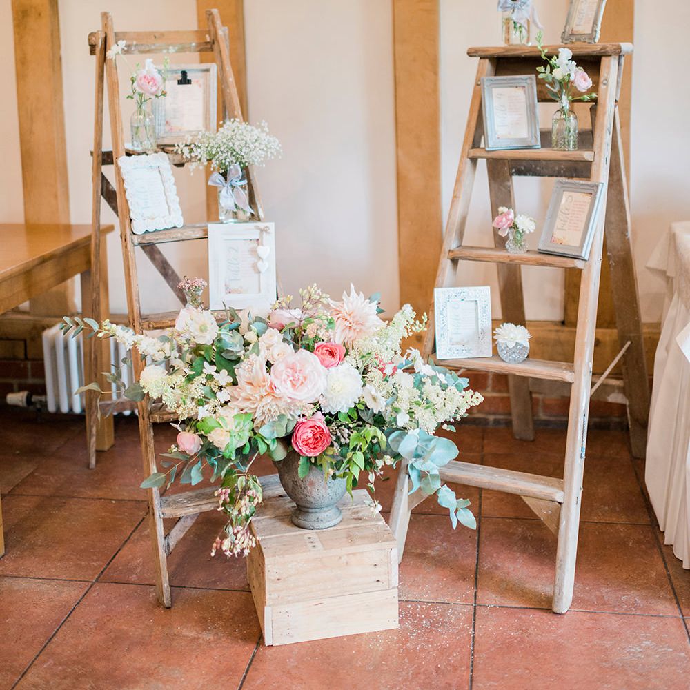 Vintage Step Ladders, Wooden Crate & Blush Floral Arrangement Wedding Decor | Romantic Peach & Coral Floral Centrepiece | Peach & Coral Country Wedding at Crabbs Barn, Essex | Kathryn Hopkins Photography | Film by Colbridge Media Services Ltd