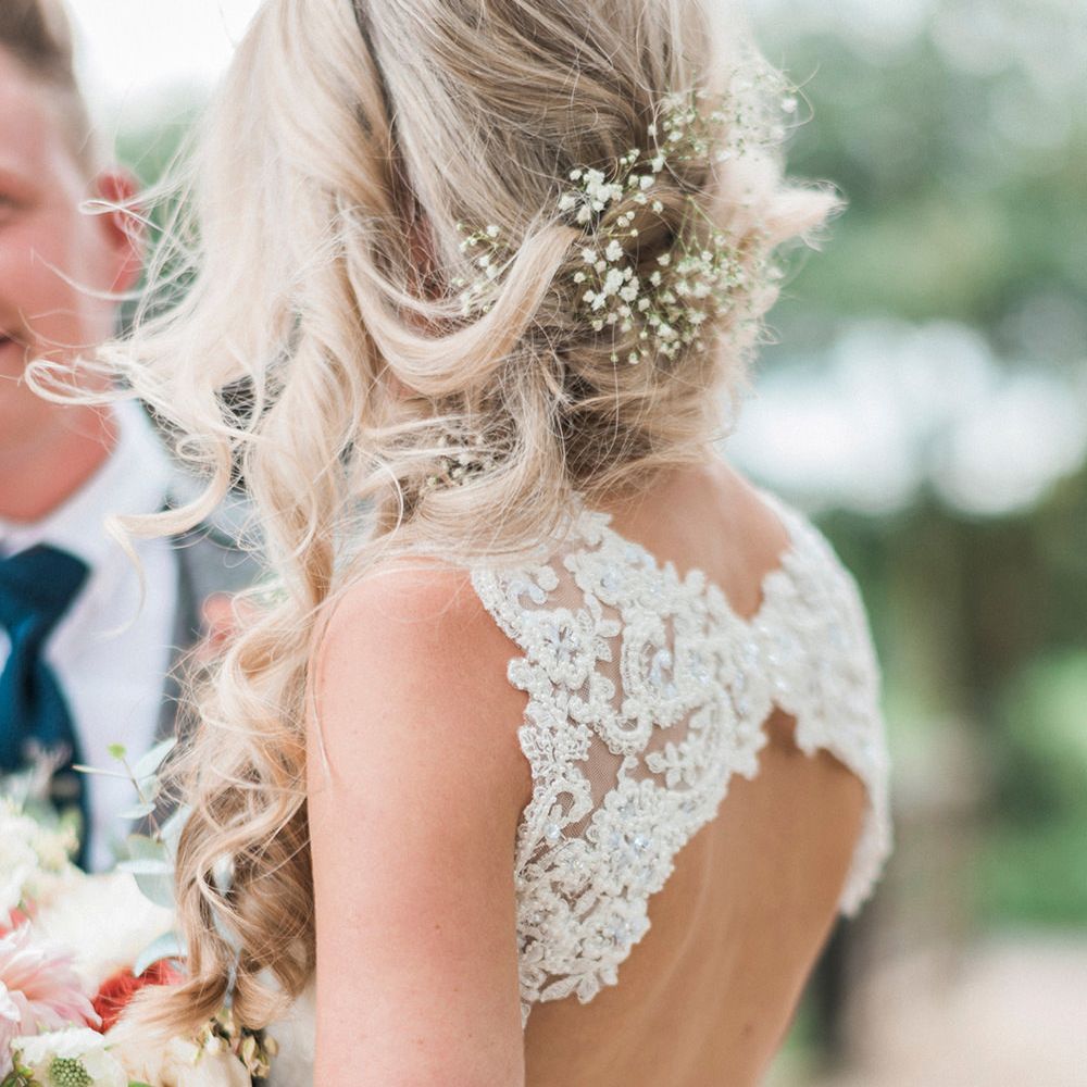 Bride in Lace Enzoani 'Inaru' Bridal Gown with Keyhole Back | Groom in Grey Wool Master Debonair Suit | Peach & Coral Country Wedding at Crabbs Barn, Essex | Kathryn Hopkins Photography | Film by Colbridge Media Services Ltd