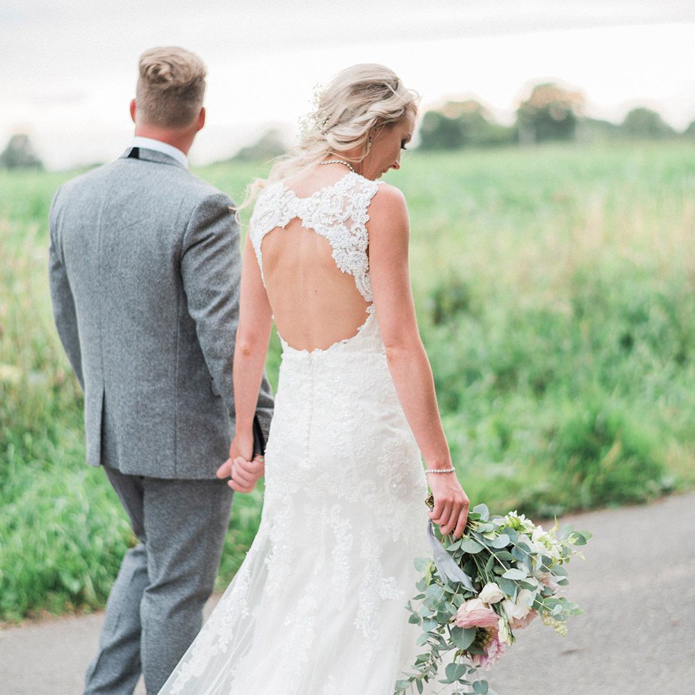 Bride in Lace Enzoani 'Inaru' Bridal Gown | Groom in Grey Wool Master Debonair Suit | Peach & Coral Country Wedding at Crabbs Barn, Essex | Kathryn Hopkins Photography | Film by Colbridge Media Services Ltd