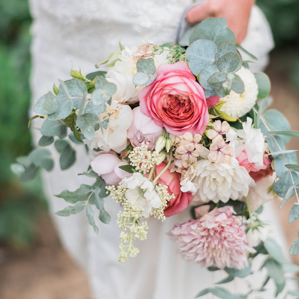 Romantic Pink & Coral Bouquet with Roses & Dahlias | Bride in Lace Enzoani 'Inaru' Bridal Gown | Peach & Coral Country Wedding at Crabbs Barn, Essex | Kathryn Hopkins Photography | Film by Colbridge Media Services Ltd