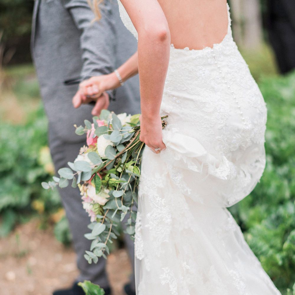 Bride in Lace Enzoani 'Inaru' Bridal Gown | Groom in Grey Wool Master Debonair Suit | Peach & Coral Country Wedding at Crabbs Barn, Essex | Kathryn Hopkins Photography | Film by Colbridge Media Services Ltd