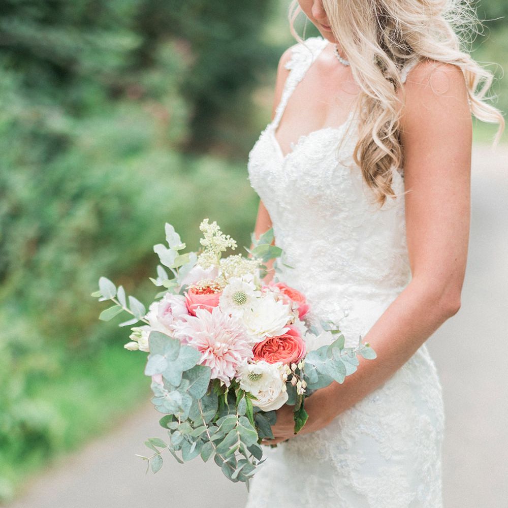 Bride in Lace Enzoani 'Inaru' Bridal Gown | Romantic Pink & Coral Bouquet with Roses & Dahlias | Peach & Coral Country Wedding at Crabbs Barn, Essex | Kathryn Hopkins Photography | Film by Colbridge Media Services Ltd