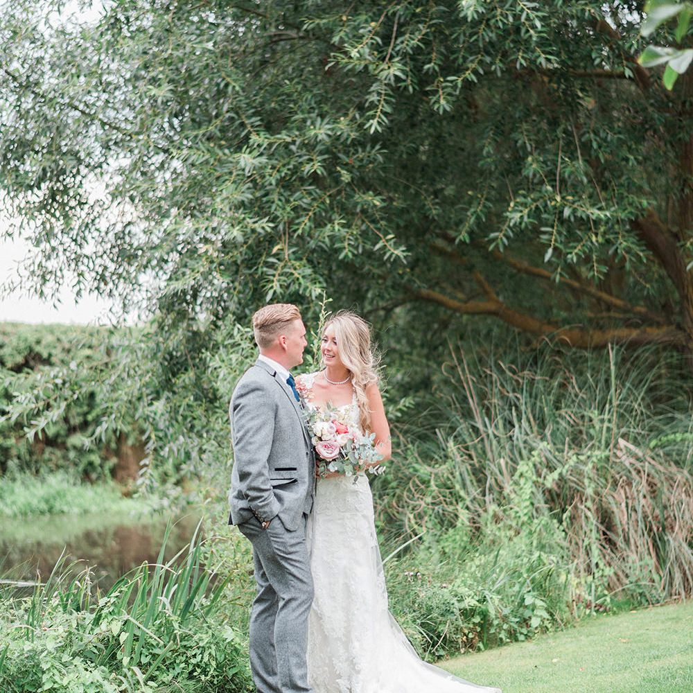 Bride in Lace Enzoani 'Inaru' Bridal Gown | Groom in Grey Wool Master Debonair Suit | Pink & Coral Country Wedding at Crabbs Barn, Essex | Kathryn Hopkins Photography | Film by Colbridge Media Services Ltd