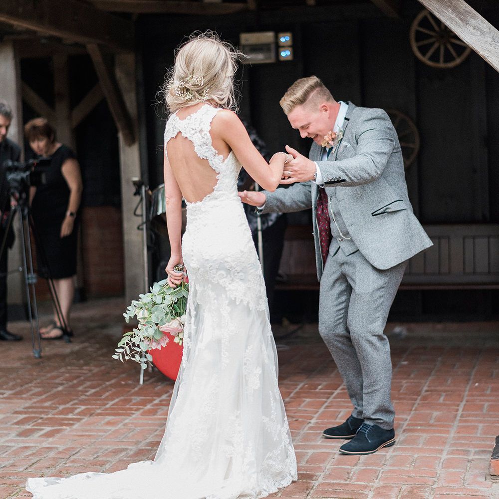 Bride in Lace Enzoani 'Inaru' Bridal Gown | Groom in Grey Wool Master Debonair Suit | Pink & Coral Country Wedding at Crabbs Barn, Essex | Kathryn Hopkins Photography | Film by Colbridge Media Services Ltd