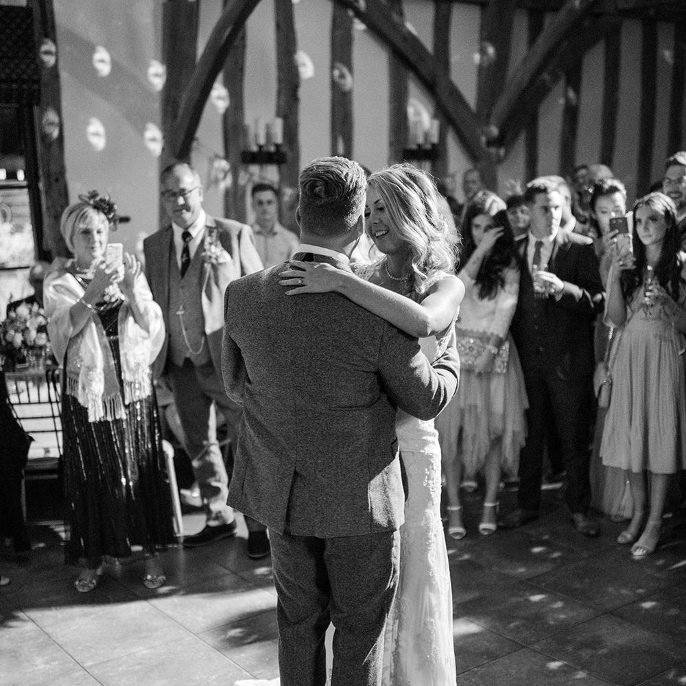 First Dance | Bride in Lace Enzoani 'Inaru' Bridal Gown | Groom in Grey Wool Master Debonair Suit | Pink & Coral Country Wedding at Crabbs Barn, Essex | Kathryn Hopkins Photography | Film by Colbridge Media Services Ltd