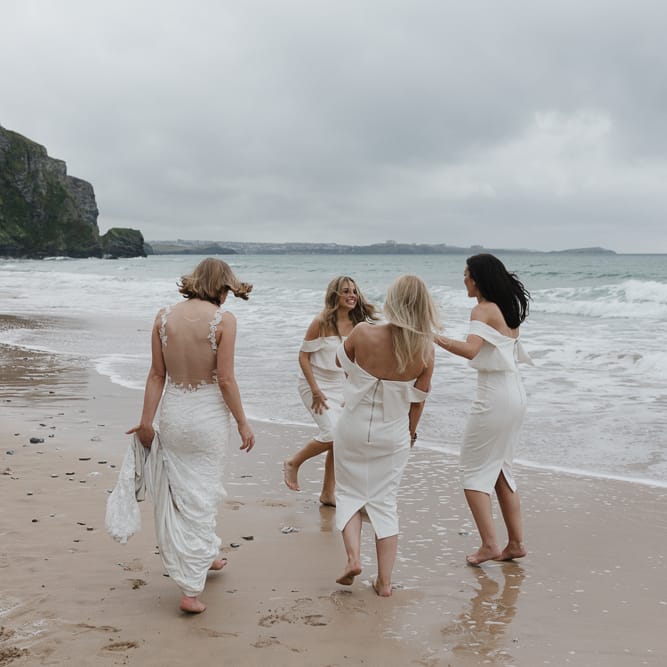 Bridesmaids In White Structured Dresses By Lavish Alice
