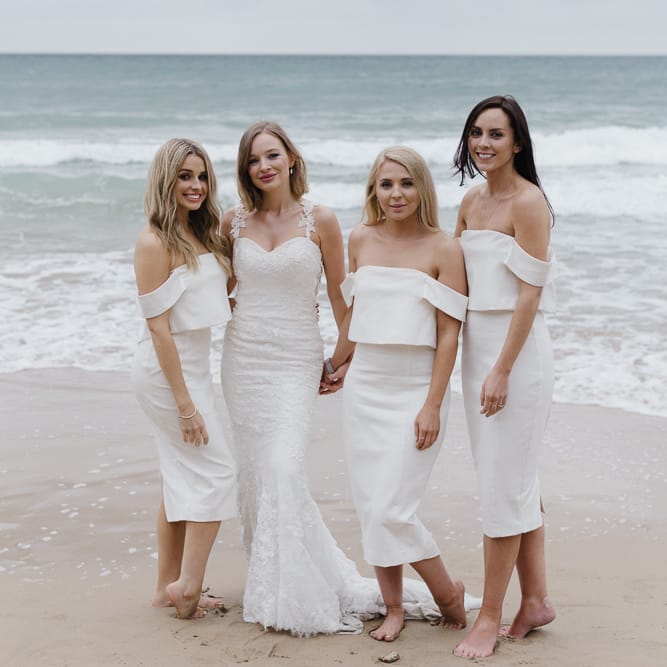 Bridesmaids In White Structured Dresses By Lavish Alice