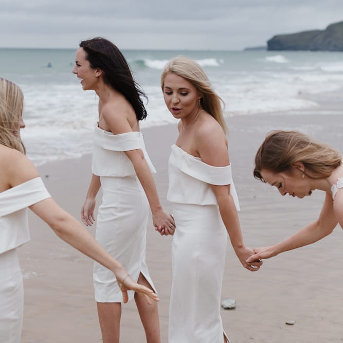 Bridesmaids In White Structured Dresses By Lavish Alice