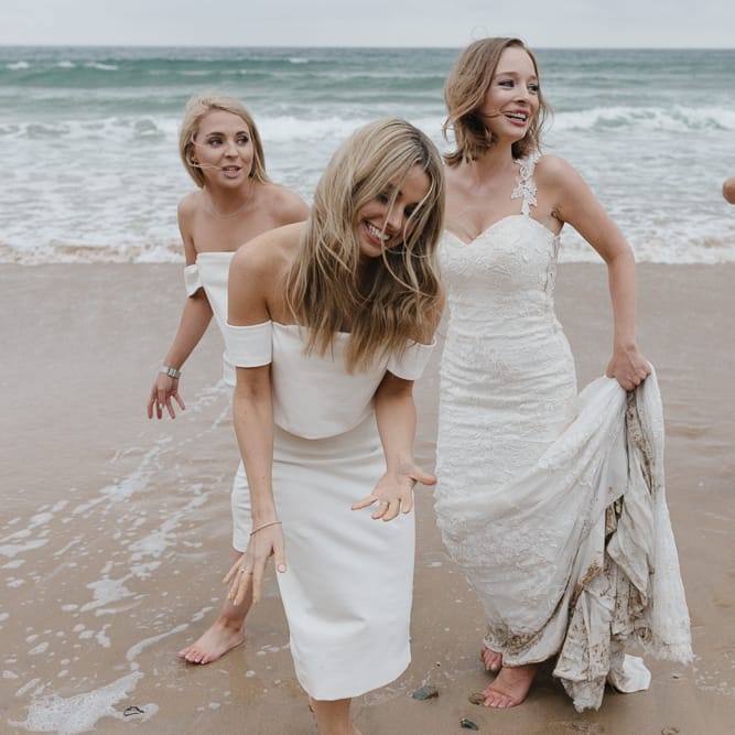 Bridesmaids In White Structured Dresses By Lavish Alice