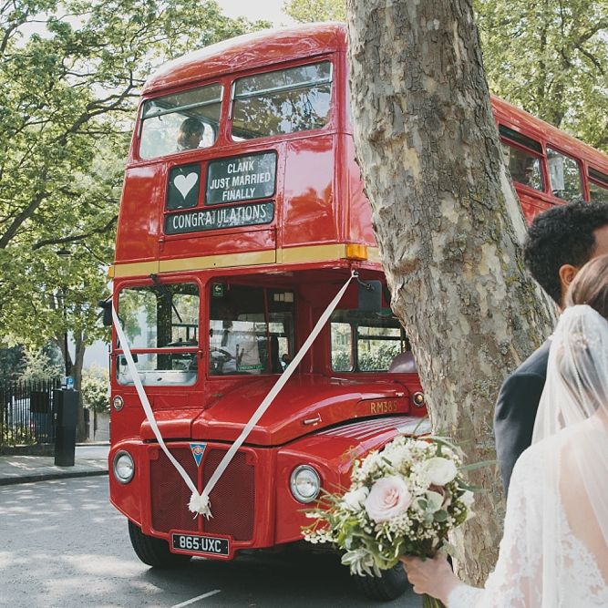 Red Bus transport to wedding reception | Brunswick House | Images by McKinley Rogers