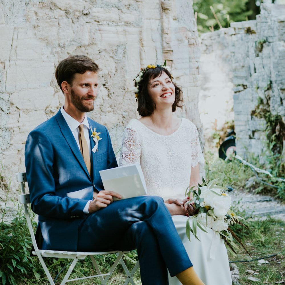 Boho Bride in Bespoke Lace Bridal Separates | Groom in Blue Suit | Chic Rustic French Wedding at Le Morimont Styled by Féelicité | Photography by Chloe