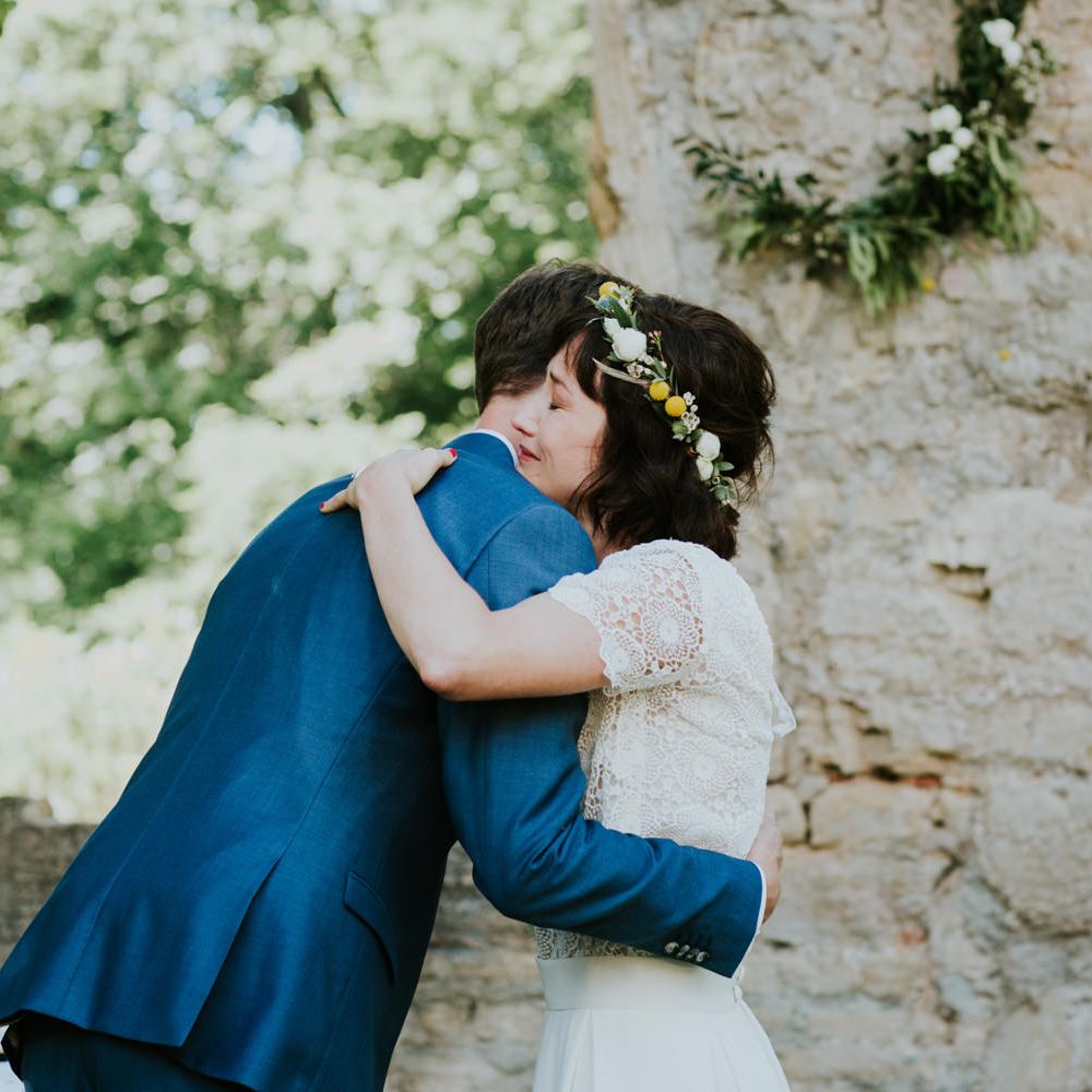 Boho Bride in Bespoke Lace Bridal Separates | Groom in Blue Suit | Chic Rustic French Wedding at Le Morimont Styled by Féelicité | Photography by Chloe