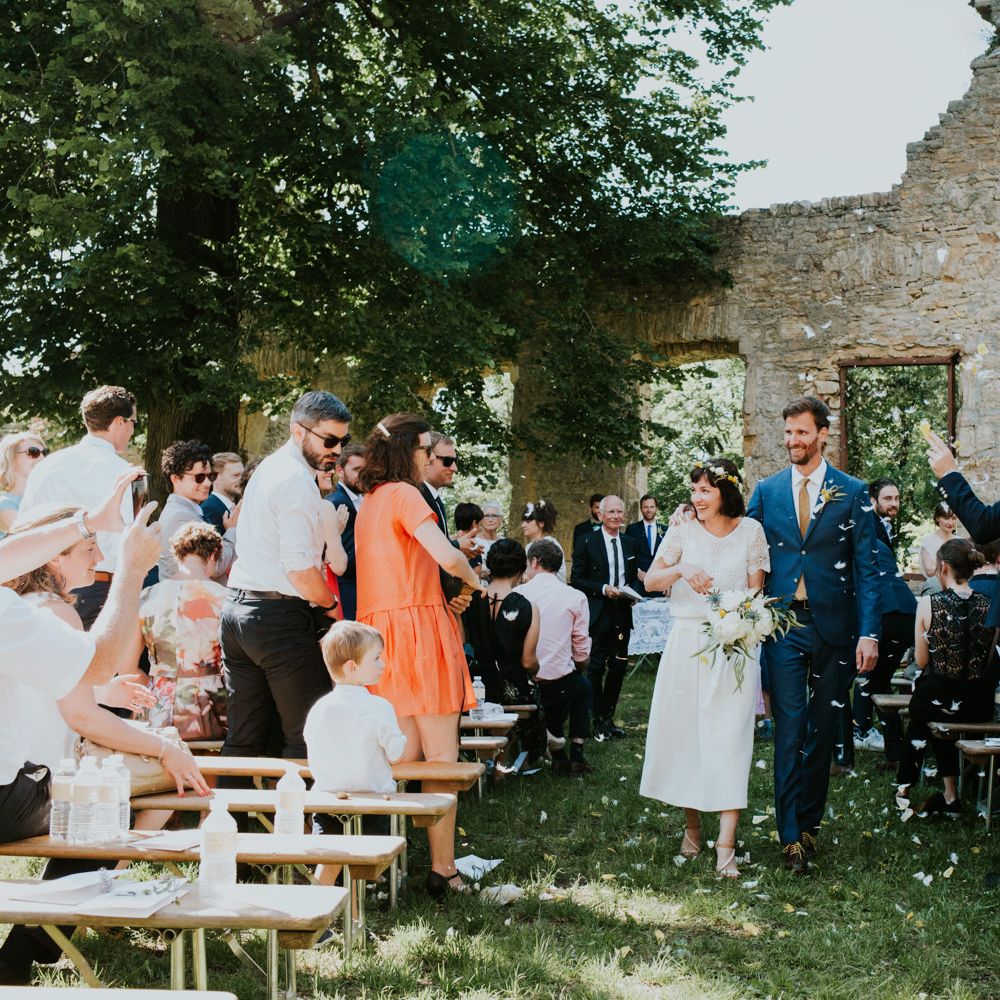 Boho Bride in Bespoke Lace Bridal Separates | Groom in Blue Suit | Chic Rustic French Wedding at Le Morimont Styled by Féelicité | Photography by Chloe