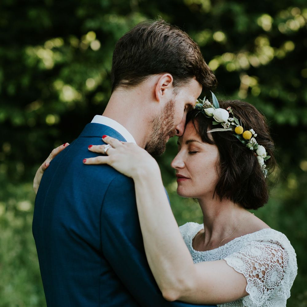 Boho Bride in Bespoke Lace Bridal Separates | Groom in Blue Suit | Chic Rustic French Wedding at Le Morimont Styled by Féelicité | Photography by Chloe