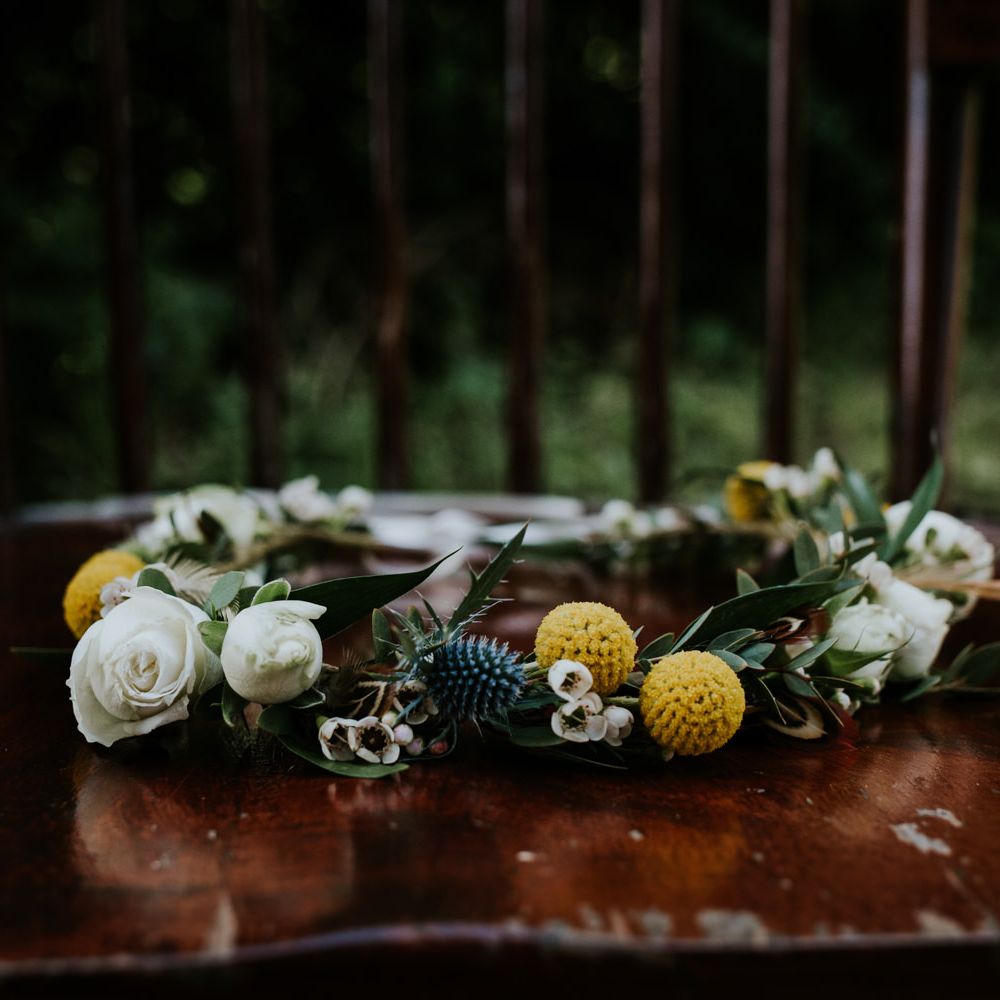 Yellow & White Flower Crown | Chic Rustic French Wedding at Le Morimont Styled by Féelicité | Photography by Chloe