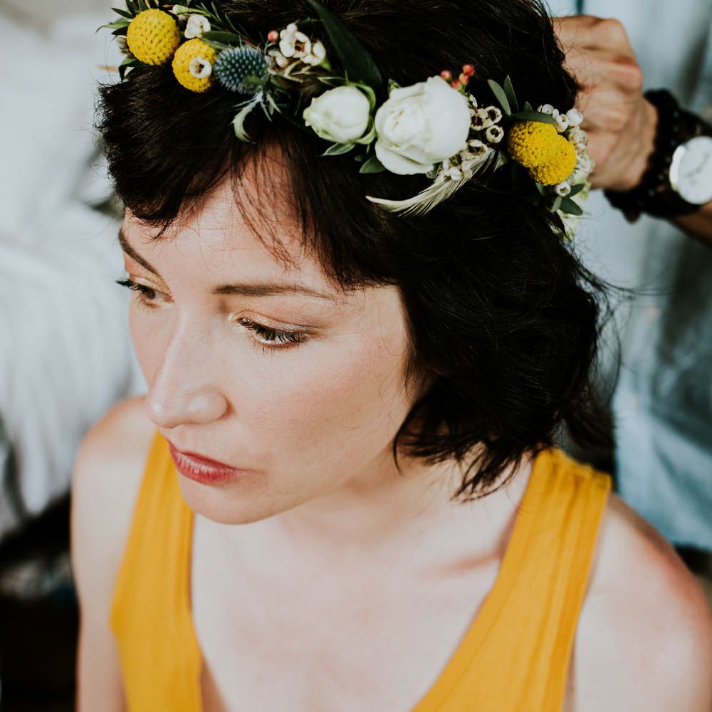 Beautiful Bride in Yellow Flower Crown | Chic Rustic French Wedding at Le Morimont Styled by Féelicité | Photography by Chloe