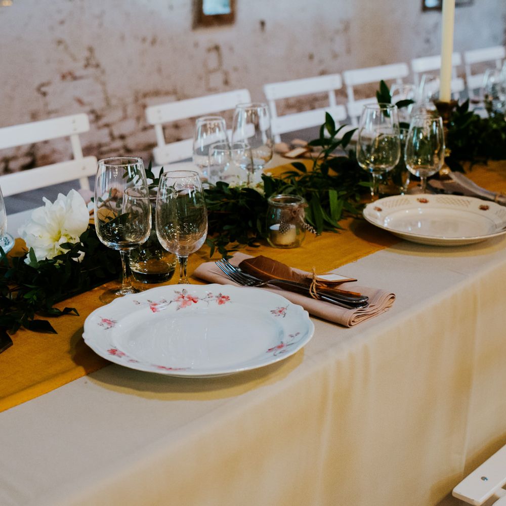 Vintage China | Greenery Table Runner | Tablescape Decor | Chic Rustic French Wedding at Le Morimont Styled by Féelicité | Photography by Chloe
