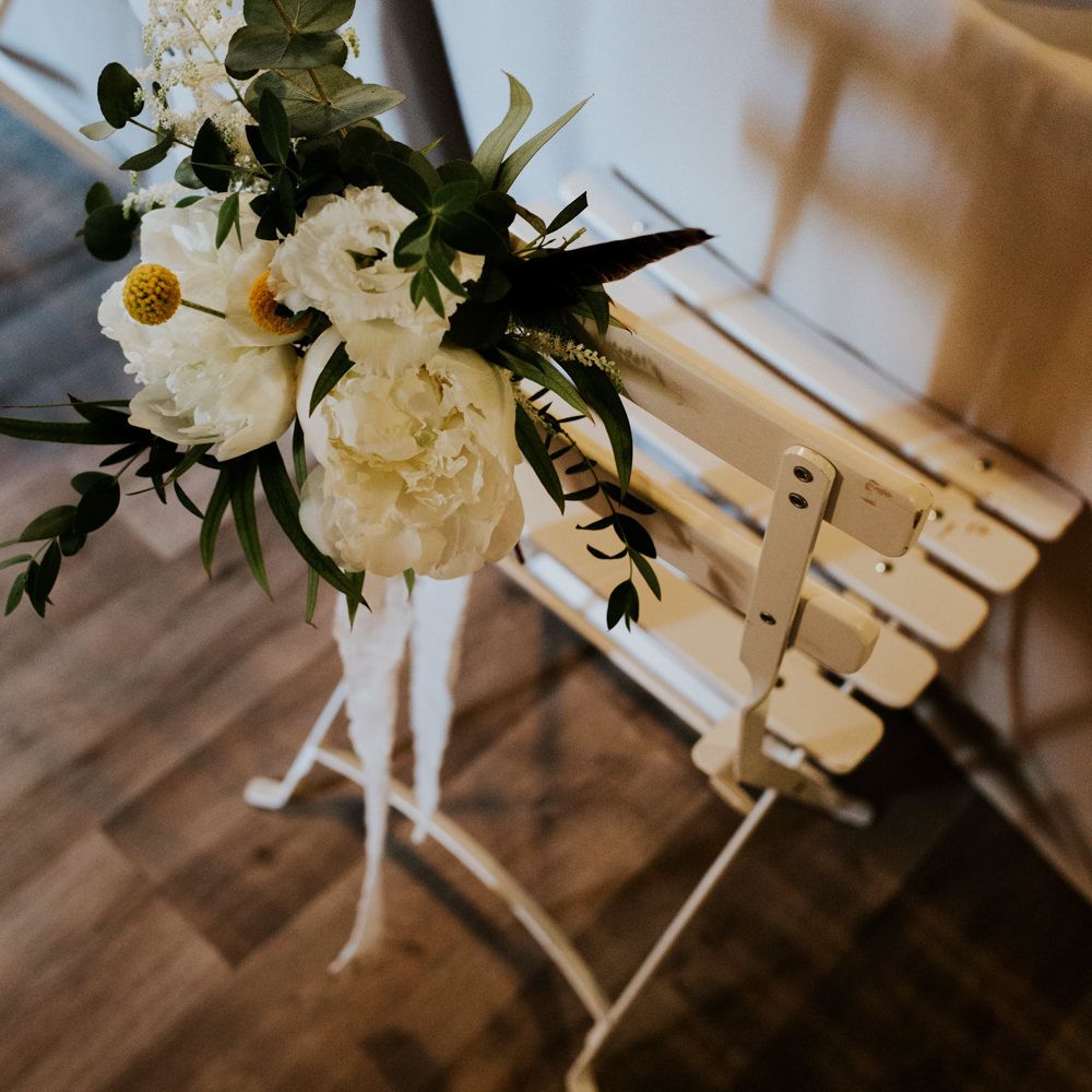 Floral Chair Back Decor | Chic Rustic French Wedding at Le Morimont Styled by Féelicité | Photography by Chloe