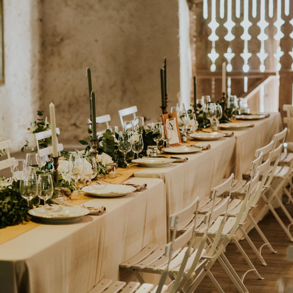 Elegant Tablescape | Greenery Table Runner | Chic Rustic French Wedding at Le Morimont Styled by Féelicité | Photography by Chloe