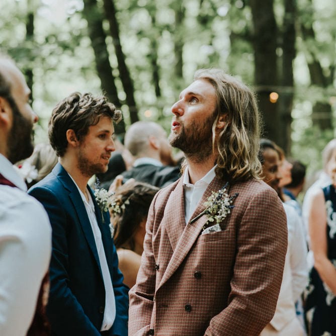 Wedding Ceremony | Groom in Brown Check Suit | Outdoor Woodland Wedding at The Dreys in Kent | Fern Edwards Photography
