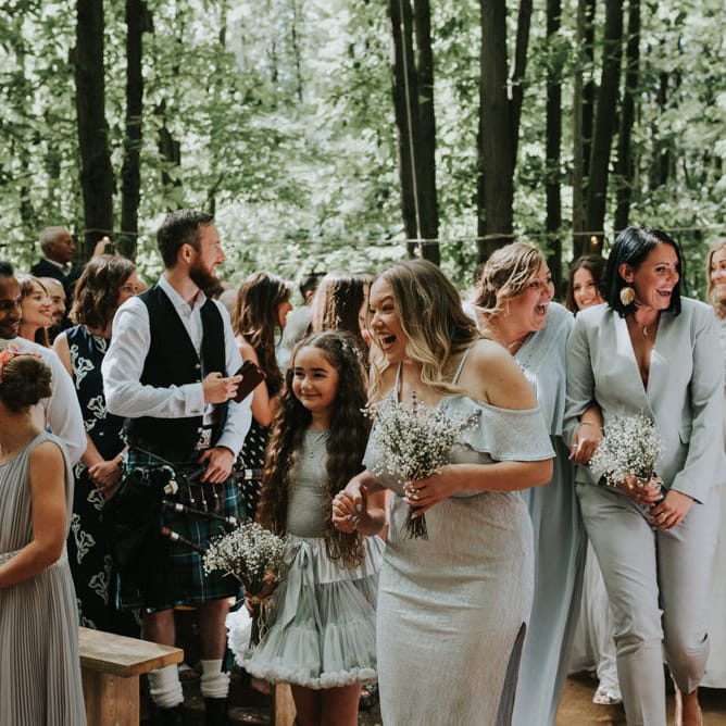 Wedding Ceremony | Bridesmaid Entrance in Different Outfits | Outdoor Woodland Wedding at The Dreys in Kent | Fern Edwards Photography
