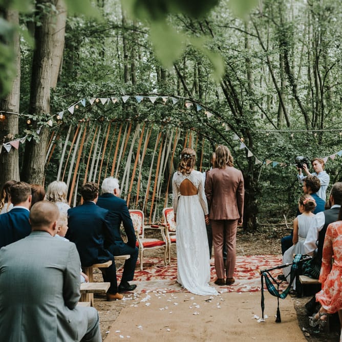 Wedding Ceremony | Bride in Grace Loves Lace | Groom in Brown Check Suit | Outdoor Woodland Wedding at The Dreys in Kent | Fern Edwards Photography