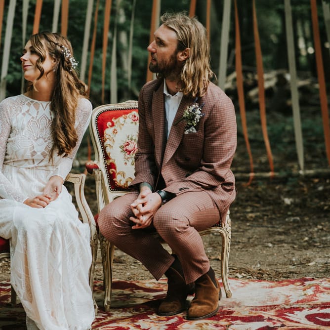 Wedding Ceremony | Bride in Grace Loves Lace | Groom in Brown Check Suit | Outdoor Woodland Wedding at The Dreys in Kent | Fern Edwards Photography