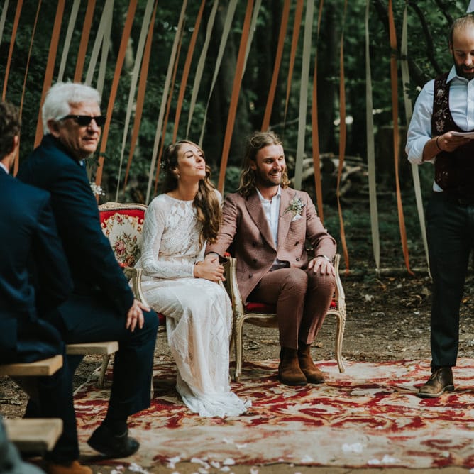 Wedding Ceremony | Bride in Grace Loves Lace | Groom in Brown Check Suit | Outdoor Woodland Wedding at The Dreys in Kent | Fern Edwards Photography