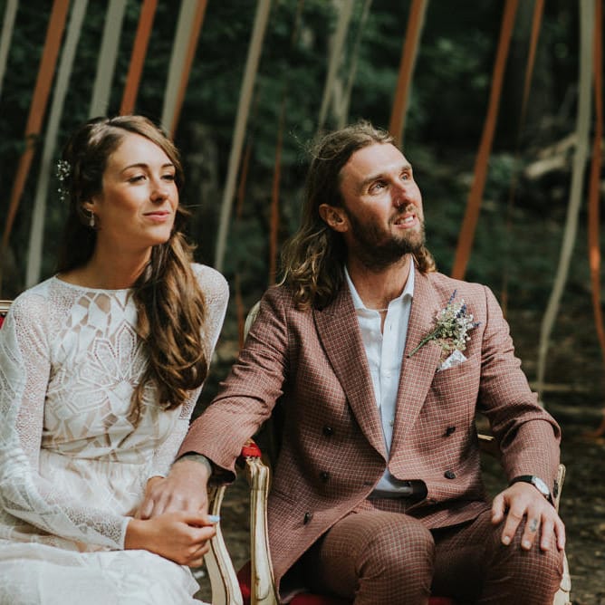 Wedding Ceremony | Bride in Grace Loves Lace | Groom in Brown Check Suit | Outdoor Woodland Wedding at The Dreys in Kent | Fern Edwards Photography