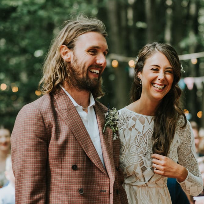 Wedding Ceremony | Bride in Grace Loves Lace | Groom in Brown Check Suit | Outdoor Woodland Wedding at The Dreys in Kent | Fern Edwards Photography