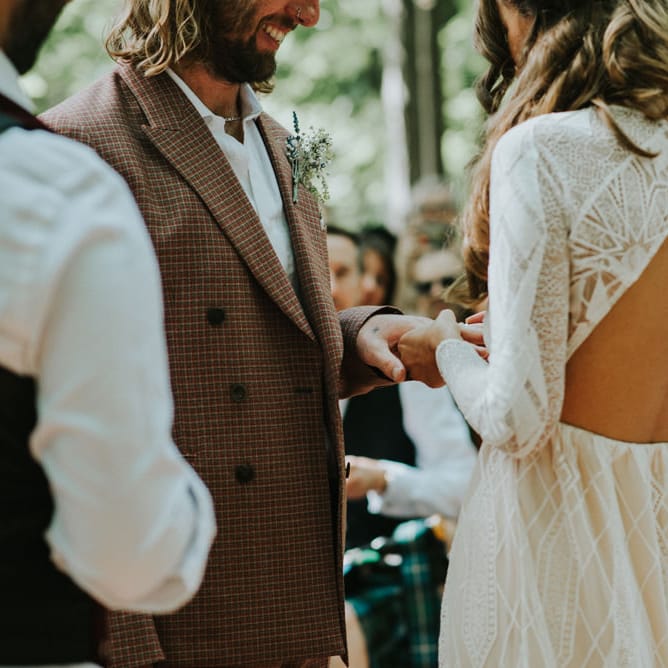 Wedding Ceremony | Bride in Grace Loves Lace | Groom in Brown Check Suit | Outdoor Woodland Wedding at The Dreys in Kent | Fern Edwards Photography