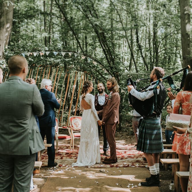 Wedding Ceremony | Bride in Grace Loves Lace | Groom in Brown Check Suit | Outdoor Woodland Wedding at The Dreys in Kent | Fern Edwards Photography