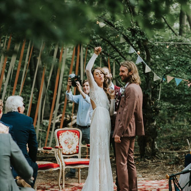Wedding Ceremony | Bride in Grace Loves Lace | Groom in Brown Check Suit | Outdoor Woodland Wedding at The Dreys in Kent | Fern Edwards Photography