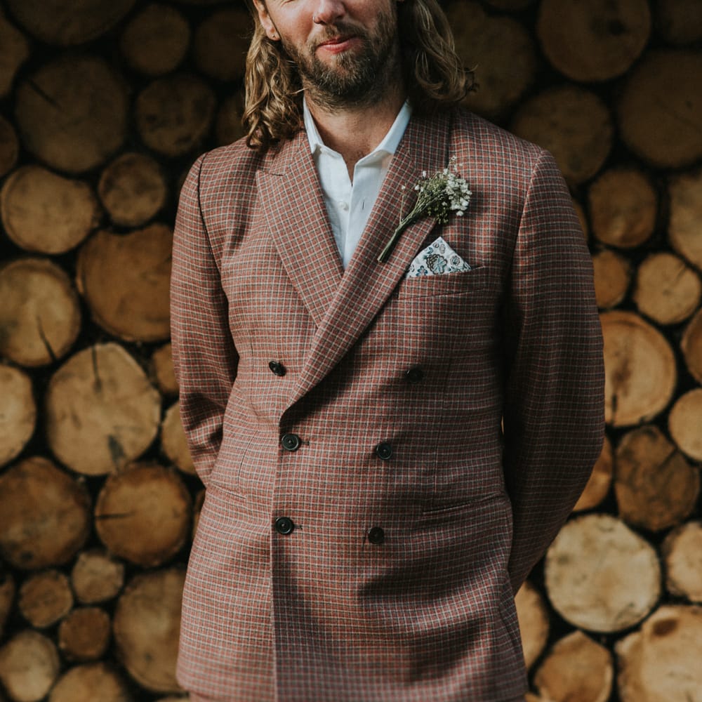 Groom in Brown Check Suit | Outdoor Woodland Wedding at The Dreys in Kent | Fern Edwards Photography