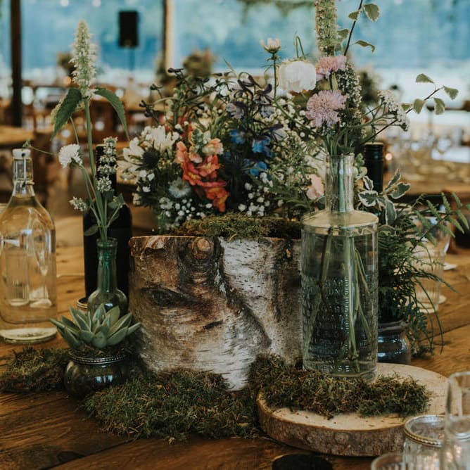 Tree Stump & Wild Flower Table Centrepiece | Wedding Decor | Outdoor Woodland Wedding at The Dreys in Kent | Fern Edwards Photography