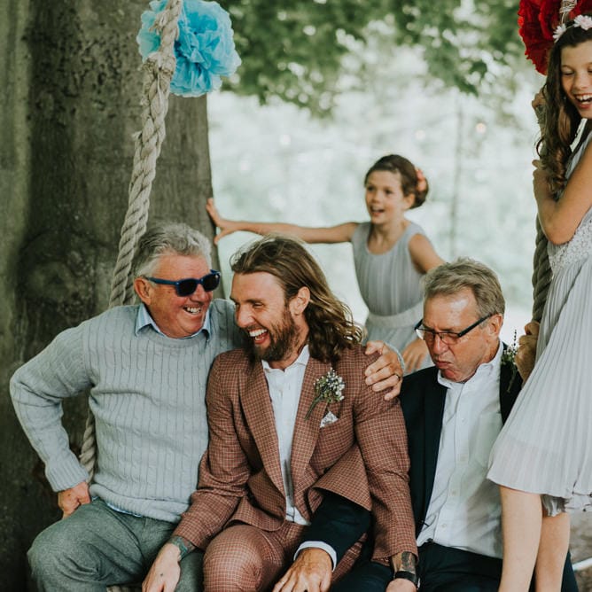 Wedding Guests | Groom in Check Suit | Outdoor Woodland Wedding at The Dreys in Kent | Fern Edwards Photography