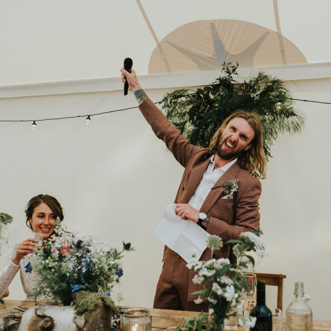 Speeches | Groom in Brown Check Suit | Outdoor Woodland Wedding at The Dreys in Kent | Fern Edwards Photography